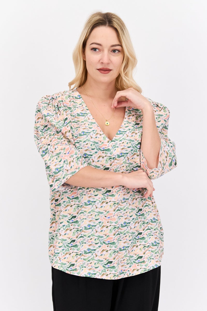 Scotch & Soda Women V Neck Short Sleeve Allover Print Tunic Top, Green Combo - Image 1