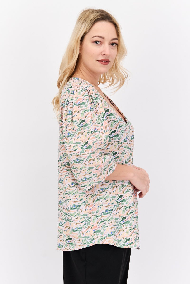 Scotch & Soda Women V Neck Short Sleeve Allover Print Tunic Top, Green Combo - Image 4