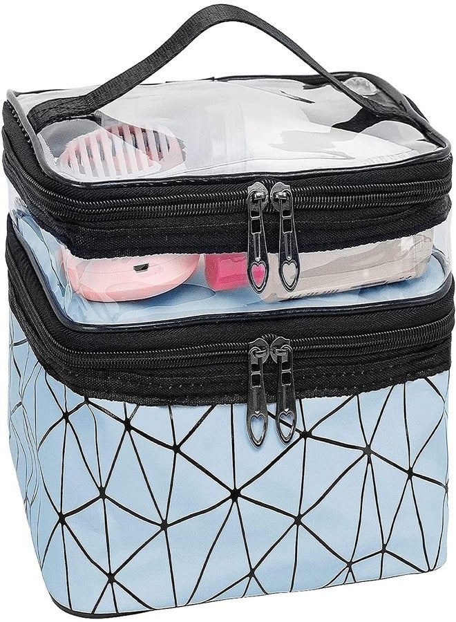 VANKALP | Luxury Double Layer Cosmetic Bag | Transparent Makeup Bags | Premium Cosmetic Pouches with 2 Zipper |Toiletry Kit Pouch with Brush Holder | for Women & Girl Travel Wash Bag | (Blue) - Image 1