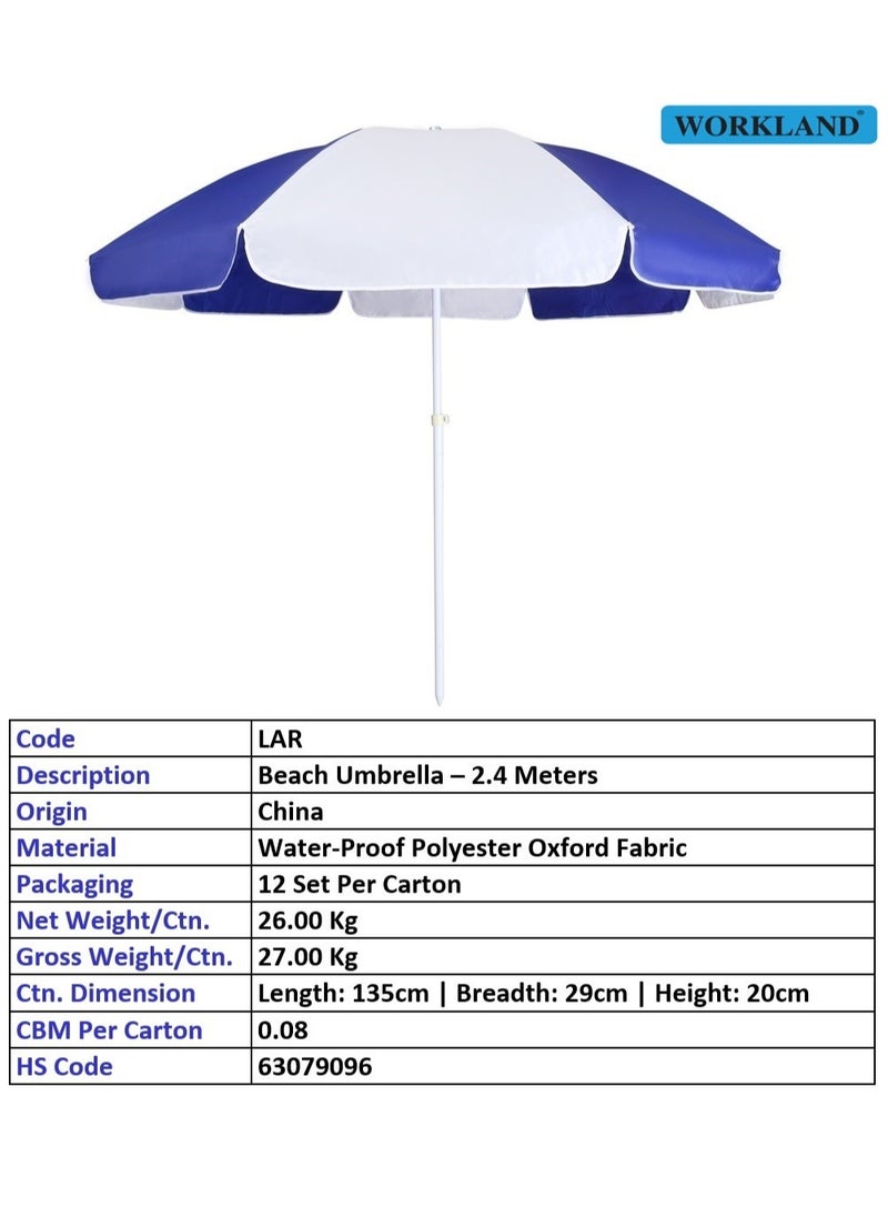 Workland Beach Umbrella With Bracket Blue/White Color – 2.4 Meters  - Image 2