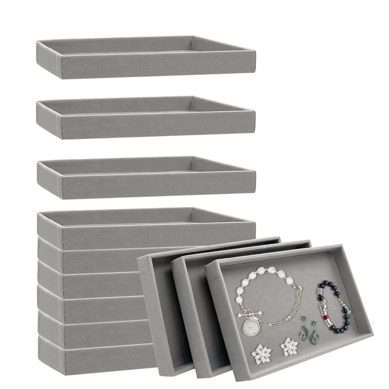 YEXEXINM 12pcs Small Velvet Jewelry Trays 83 x 5 x 1 Inches Premium Stackable Jewelry Drawers Organizer Trays Jewelry Storage Display Trays for Necklace Earring Ring Bracelet Grey 1 grid - Image 2