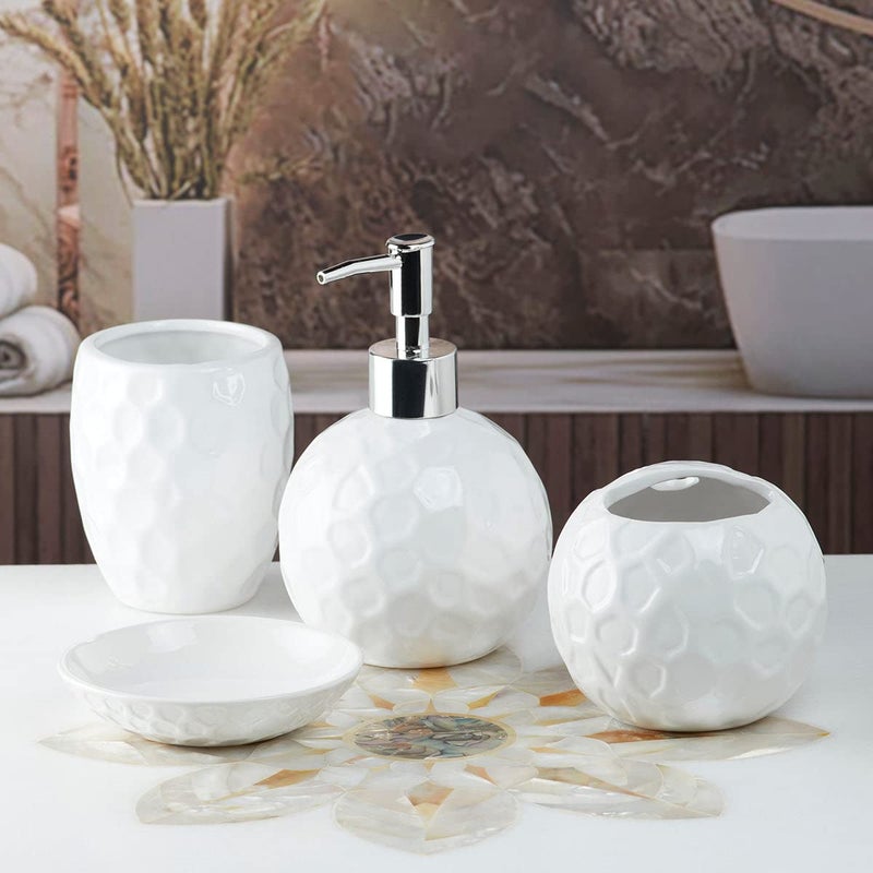 Kookee Ceramic Bathroom Set - Stylish 4 Piece Bath Accessories Kit with Soap Dispenser, Toothbrush Holder, Tumbler & Soap Dish - Modern & Designer Decor for Home & Guest Bathrooms, White (10117) - Image 1