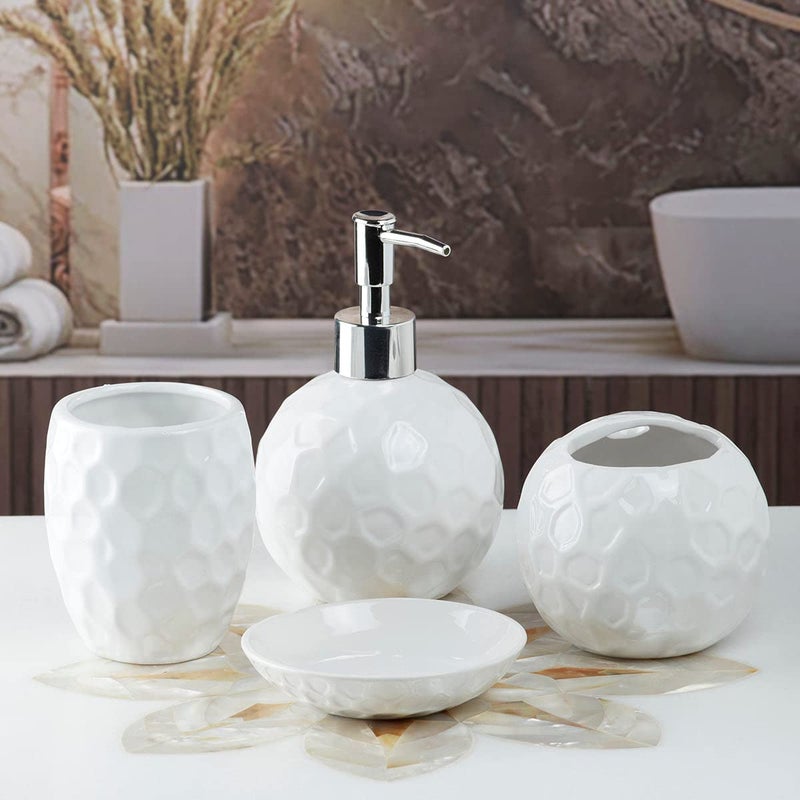 Kookee Ceramic Bathroom Set - Stylish 4 Piece Bath Accessories Kit with Soap Dispenser, Toothbrush Holder, Tumbler & Soap Dish - Modern & Designer Decor for Home & Guest Bathrooms, White (10117) - Image 4