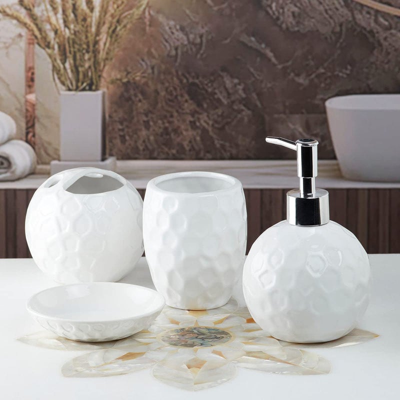 Kookee Ceramic Bathroom Set - Stylish 4 Piece Bath Accessories Kit with Soap Dispenser, Toothbrush Holder, Tumbler & Soap Dish - Modern & Designer Decor for Home & Guest Bathrooms, White (10117) - Image 3