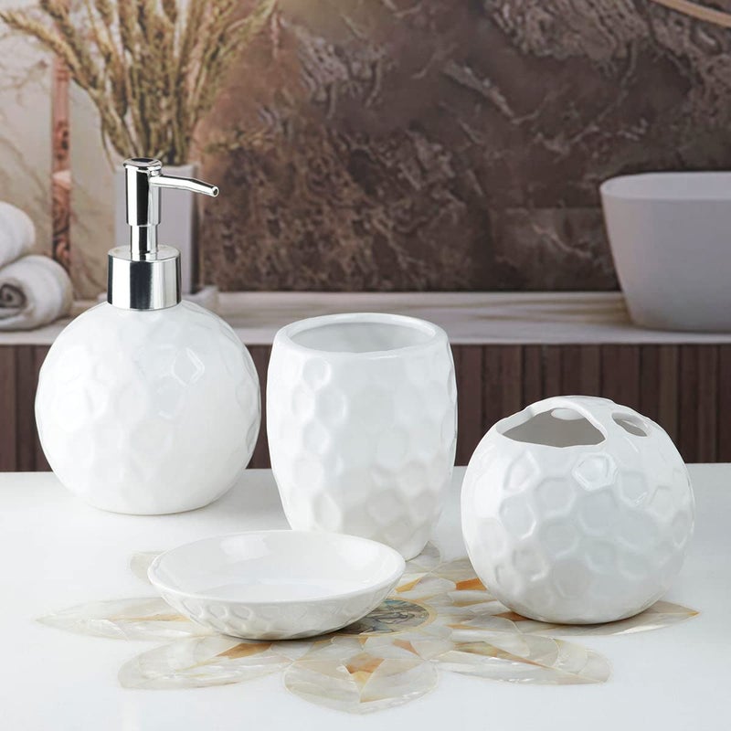 Kookee Ceramic Bathroom Set - Stylish 4 Piece Bath Accessories Kit with Soap Dispenser, Toothbrush Holder, Tumbler & Soap Dish - Modern & Designer Decor for Home & Guest Bathrooms, White (10117) - Image 2
