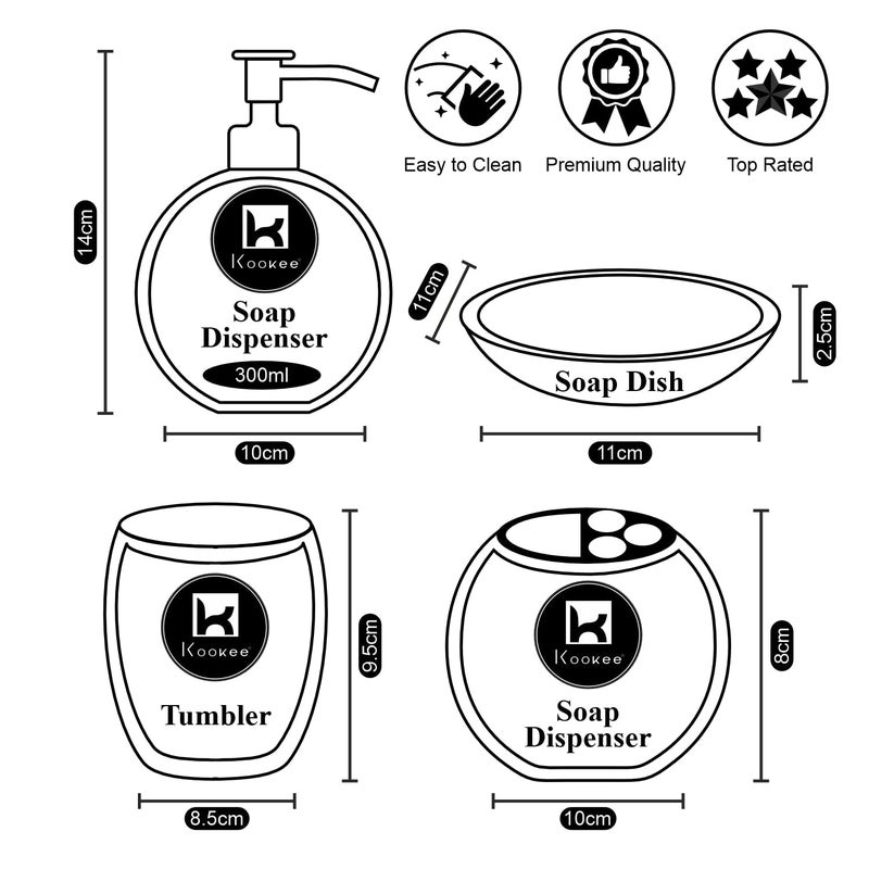 Kookee Ceramic Bathroom Set - Stylish 4 Piece Bath Accessories Kit with Soap Dispenser, Toothbrush Holder, Tumbler & Soap Dish - Modern & Designer Decor for Home & Guest Bathrooms, White (10117) - Image 5