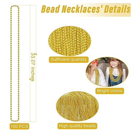 EOBOH 100PCS Bead Necklace, Gold Mardi Gras Beads Party Stuff, 33" Mardi Gras Christmas Beads Toy Costume, Festival Parade Throw Accessories for Wedding Birthday Pirate Party Baby Shower Supplies Decor - Image 2