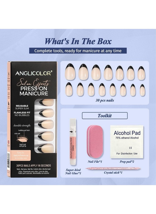 Anglicolor Press On Nails,Black French Tip Press On Nails,Press On Nails Short,Short Almond Nails,30 Pcs Soft Gel Fake Nails In 15 Sizes, Reusable Fake Nails Kit (A106, 30 Count)  - Image 1