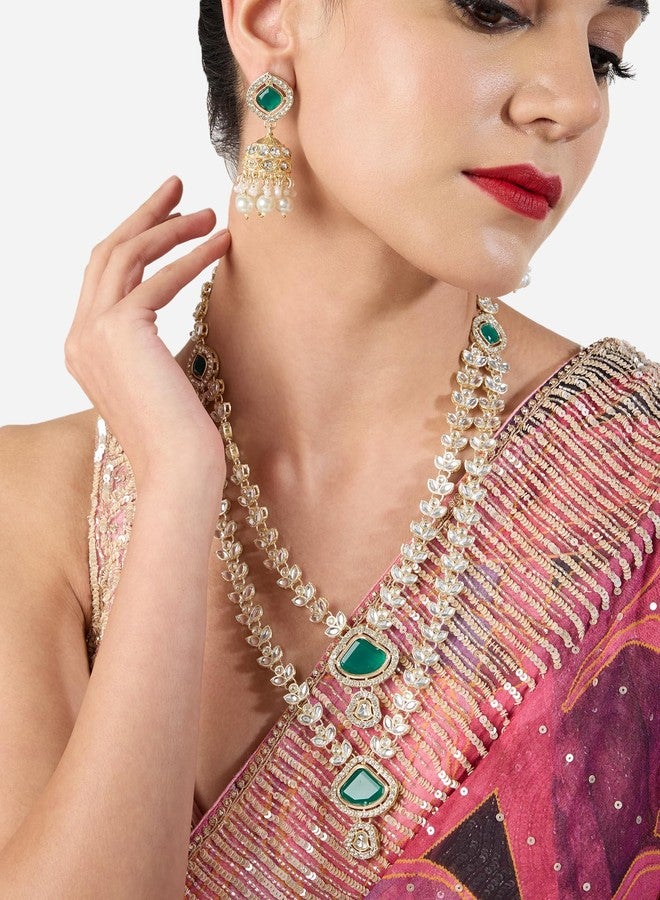 Ami Green Dazzling Stones Layered Necklace Earring and Maangtikka Set For Women-ZPFK21491 - Image 3