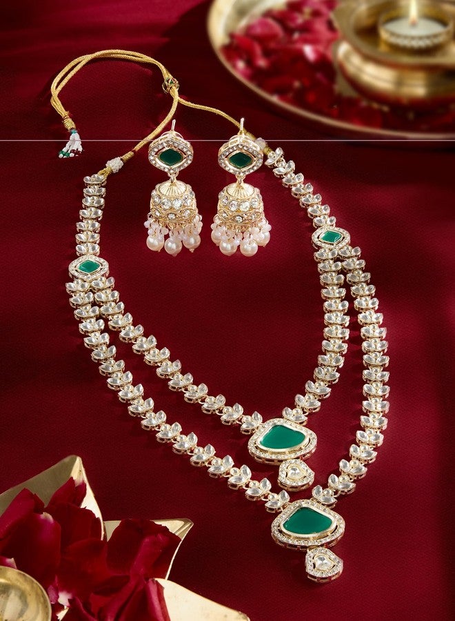 Ami Green Dazzling Stones Layered Necklace Earring and Maangtikka Set For Women-ZPFK21491 - Image 2