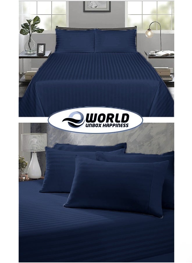 Eworld - 3 Piece Luxury Navy Blue Striped Bed Sheet Set with 1 Flat Sheet and 2 Pillowcases for Hotel and Home Crafted from Ultra Soft and Breathable Cotton for Year-Round Comfort, (Single/Double) - Image 1