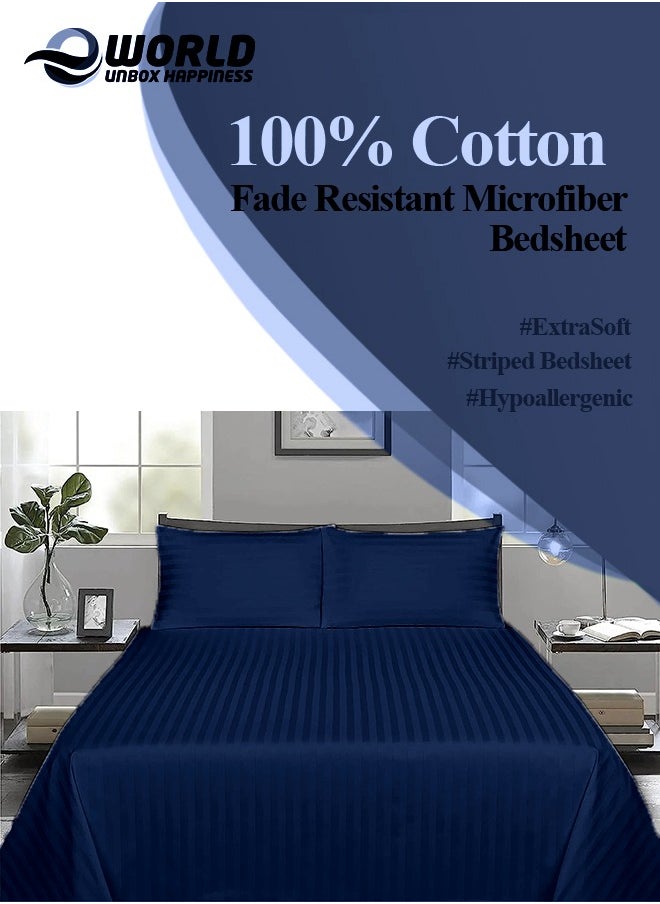 Eworld - 3 Piece Luxury Navy Blue Striped Bed Sheet Set with 1 Flat Sheet and 2 Pillowcases for Hotel and Home Crafted from Ultra Soft and Breathable Cotton for Year-Round Comfort, (Single/Double) - Image 1