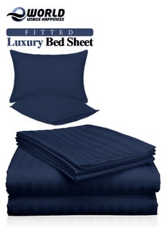 Eworld 3 Piece Luxury Navy Blue Striped Bed Sheet Set with 1 Flat Sheet and 2 Pillowcases for Hotel and Home Crafted from Ultra Soft and Breathable Cotton for Year-Round Comfort, (Single/Double)  - Image 1