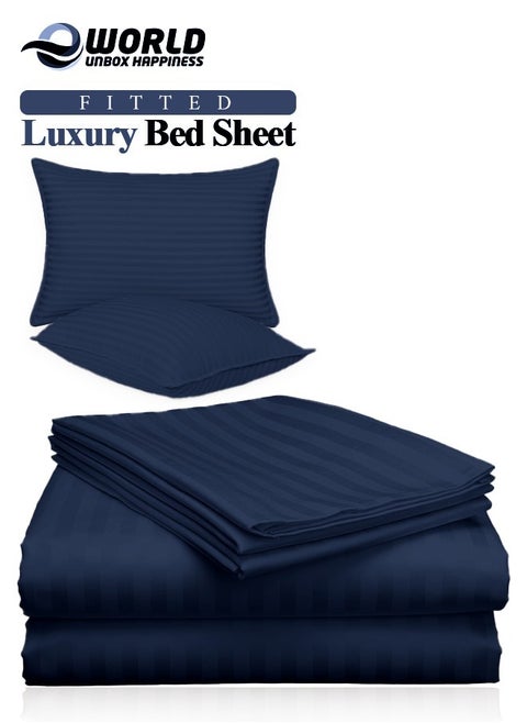 3 Piece Luxury Navy Blue Striped Bed Sheet Set with 1 Flat Sheet and 2 Pillowcases for Hotel and Home Crafted from Ultra Soft and Breathable Cotton for Year-Round Comfort, (Single/Double)
