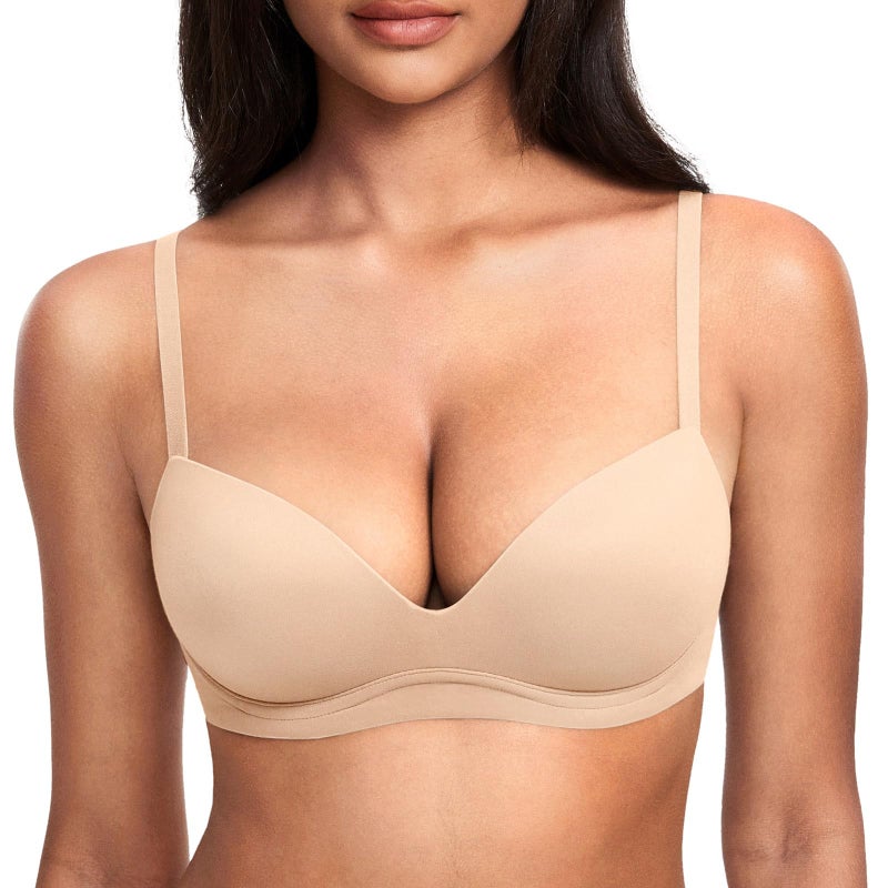DOBREVA Women's Push Up Bra No Underwire Comfortable Wireless Bras Padded Plunge Beige 36C - Image 1
