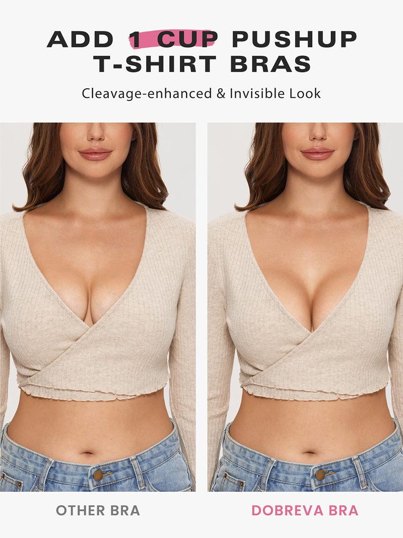 DOBREVA Women's Push Up Bra No Underwire Comfortable Wireless Bras Padded Plunge Beige 36C - Image 2