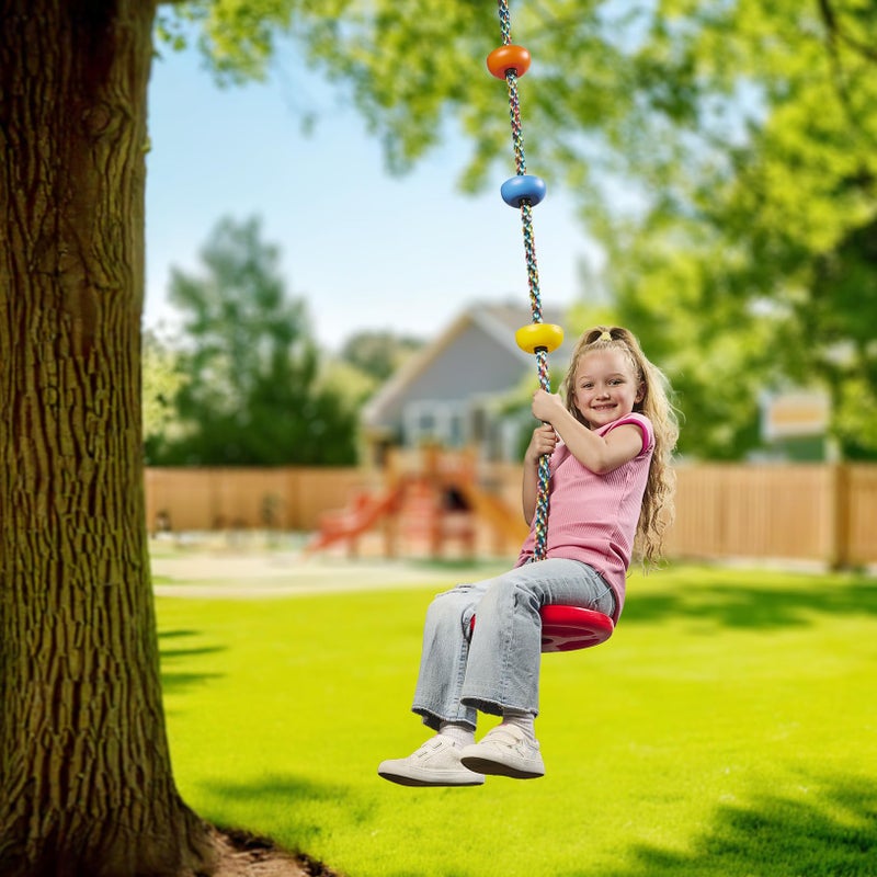 Jungle Gym Kingdom Tree Swing for Kids - Single Disc Seat and Rainbow Climbing Rope Set w/Carabiner and 4 Foot Strap - Treehouse and Outdoor Playground Accessories - Red - Image 2