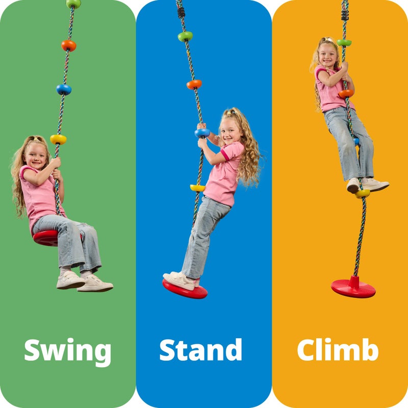 Jungle Gym Kingdom Tree Swing for Kids - Single Disc Seat and Rainbow Climbing Rope Set w/Carabiner and 4 Foot Strap - Treehouse and Outdoor Playground Accessories - Red - Image 3