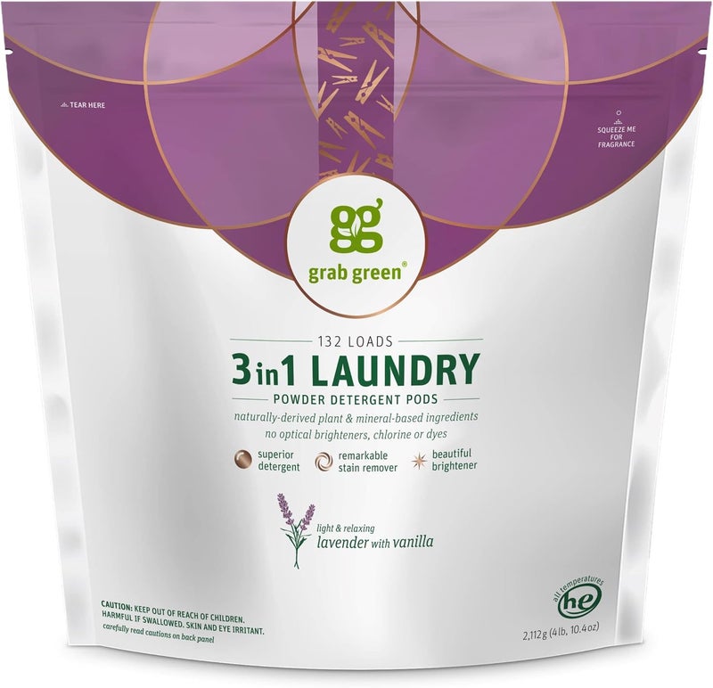 Grab Green 3-in-1 Laundry Detergent Pods with Lavender and Vanilla, 132 Loads, 5lbs 4oz - Image 1