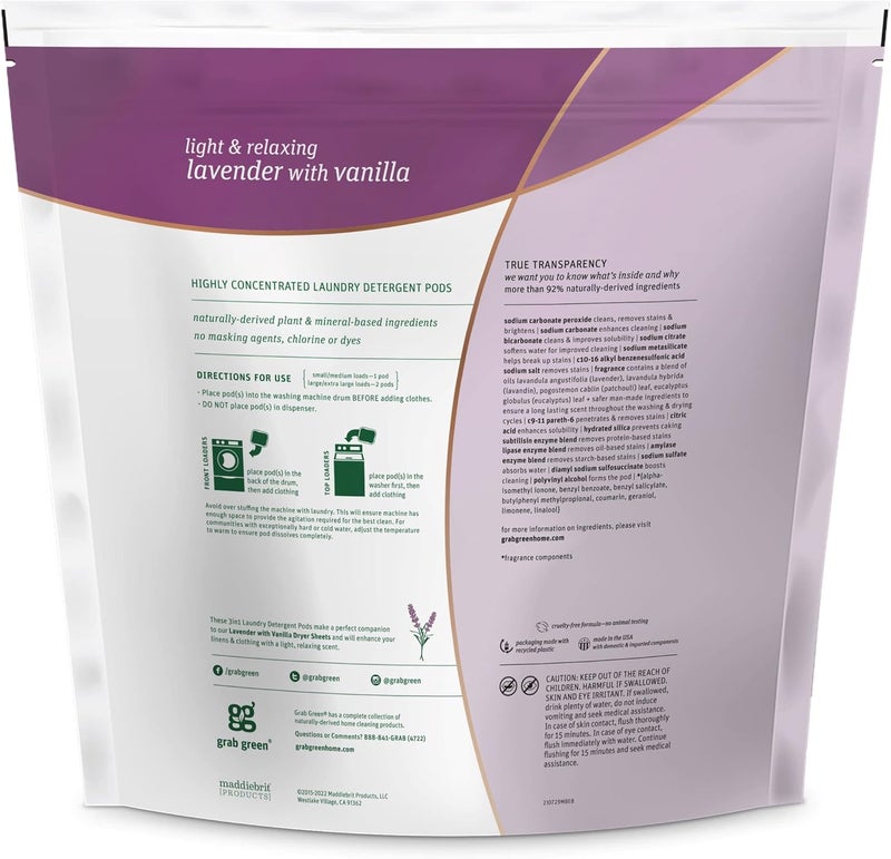 Grab Green 3-in-1 Laundry Detergent Pods with Lavender and Vanilla, 132 Loads, 5lbs 4oz - Image 2