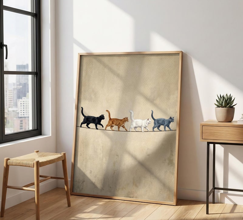TNESSENTIAL Cats On A Wire Print – Rustic Feline Wall Art, Neutral Farmhouse Decor, Whimsical Cat Poster, Earth Tone Animal Canvas, Pet Lover Gift - Image 1