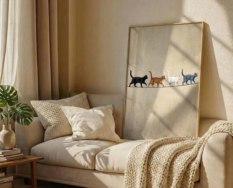 TNESSENTIAL Cats On A Wire Print – Rustic Feline Wall Art, Neutral Farmhouse Decor, Whimsical Cat Poster, Earth Tone Animal Canvas, Pet Lover Gift - Image 3
