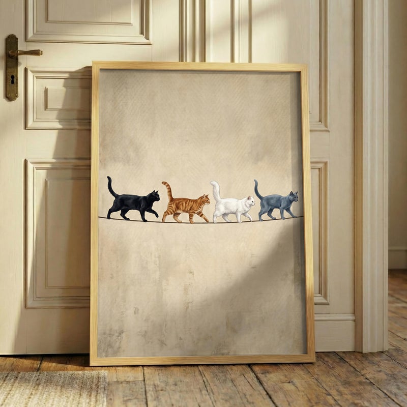 TNESSENTIAL Cats On A Wire Print – Rustic Feline Wall Art, Neutral Farmhouse Decor, Whimsical Cat Poster, Earth Tone Animal Canvas, Pet Lover Gift - Image 4