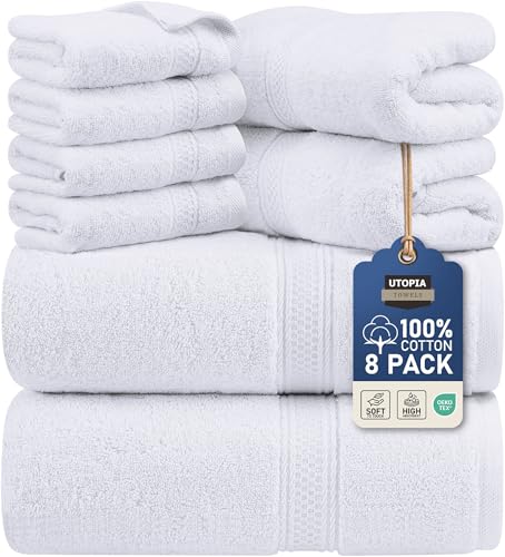 Utopia Towels 8 Piece Premium Towel Set, 2 Bath, 2 Hand, and 4 Wash Cloths, 600 GSM 100% Ring Spun Cotton, Highly Absorbent Towels for Bathroom, Gym, Hotel, and Spa, White - Image 1