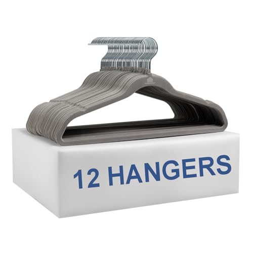 Homestrap Velvet Grey Anti-Slip Hanger (Pack of 12)| Heavy Duty Suit Hangers with 360° Rotating Hooks| Lightweight, Strong and Ultra-Thin Hangers (Grey) - Image 1