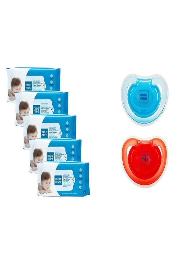 Mee Mee Caring Baby Wet Wipes, Aloe Vera, 72 Pieces (Pack of 5) & Soft Nipple Baby Pacifier (Red/Blue)