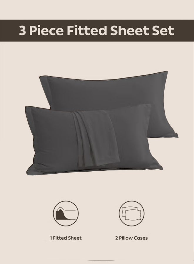 3-Piece Dark Grey Microfiber Fitted Bedsheet Set Includes 1 Deep-Pocket Sheet for a Snug Fit and 2 Pillow Covers, Breathable, Machine Washable for Optimal Protection, Available in King, Queen and Single Sizes - Image 5
