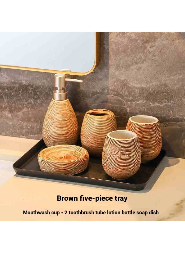 JiFENG Bathroom Accessories Set 6PCS,Ceramics Bathroom Soap Dispenser & Toothbrush Holder & Two Toothbrush Cup with One Black Tray for Modern Bathroom Counter Sink Decor(Dark Brown)  - Image 1