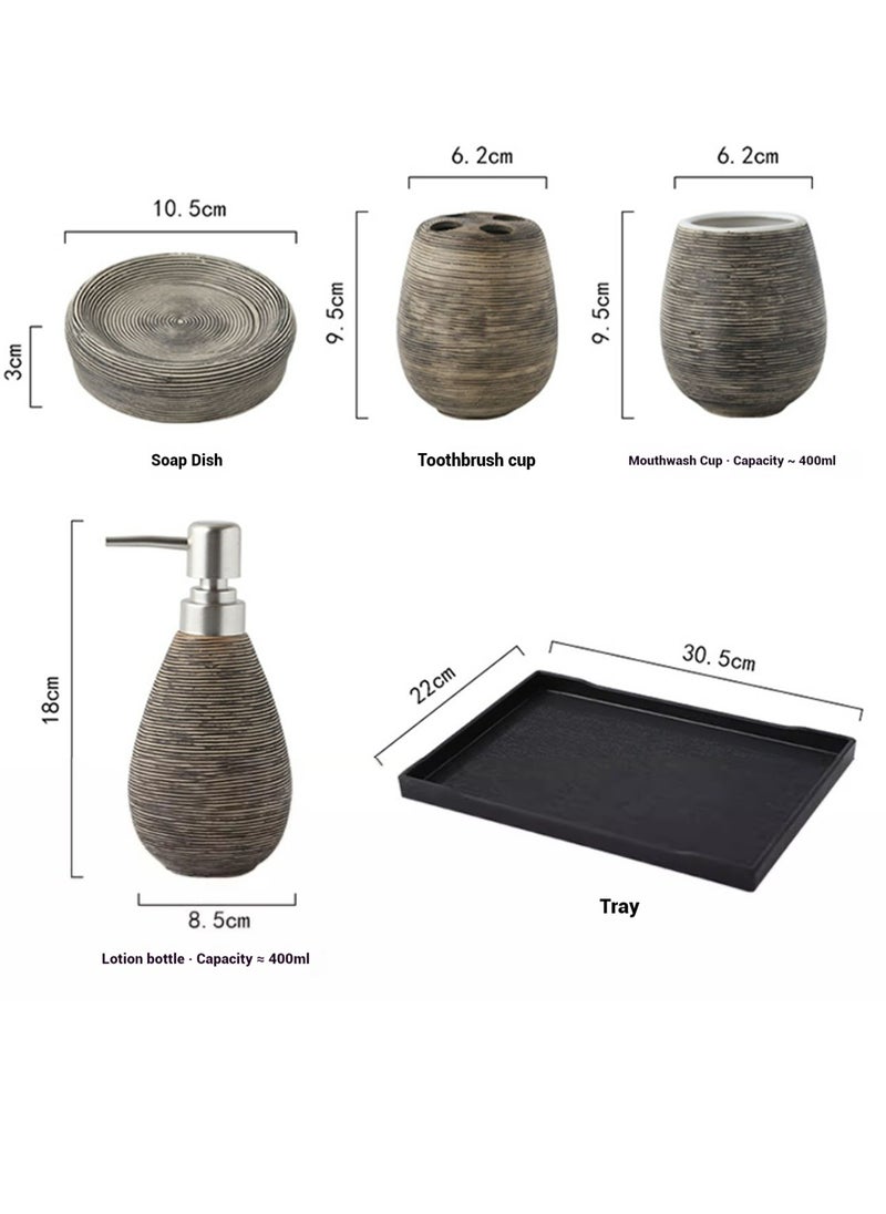 JiFENG Bathroom Accessories Set 6PCS,Ceramics Bathroom Soap Dispenser & Toothbrush Holder & Two Toothbrush Cup with One Black Tray for Modern Bathroom Counter Sink Decor(Dark Brown)  - Image 3