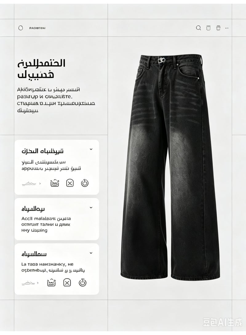 بنطال جينز رجالي خريف نمط هاي ستريت، تصميم أمريكي عتيق غسيل متقادم، مقاس واسع مستقيم ملمس فاخر - Image 4