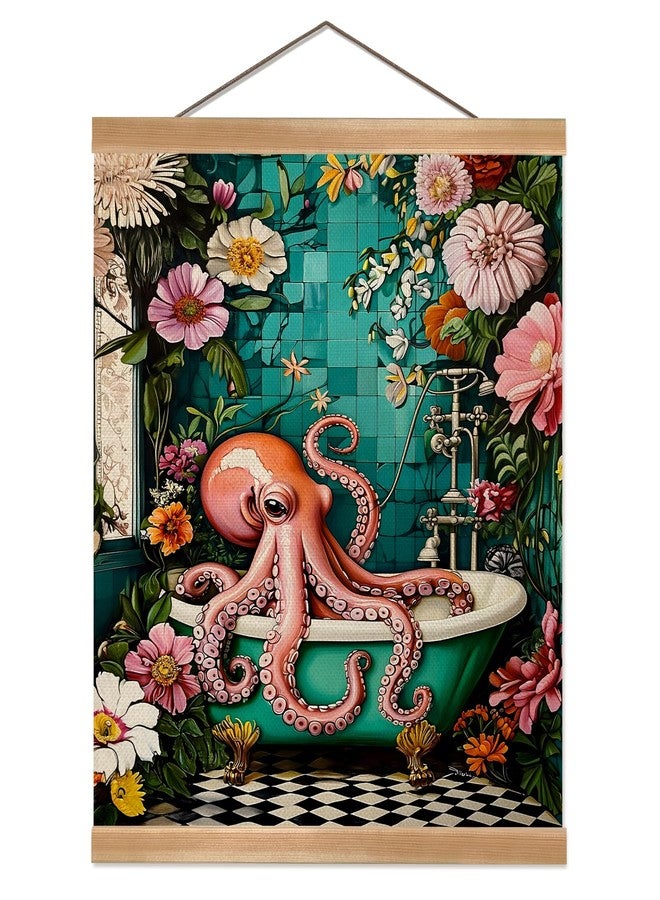 ZTGDA Octopus Bathroom Wall Art Decor Funny Animal Series Poster Linen Canvas Banner Octopus on Bathtub Print Suitable for Bathroom Powder Room Decor 12x16in (Octopus01) - Image 1