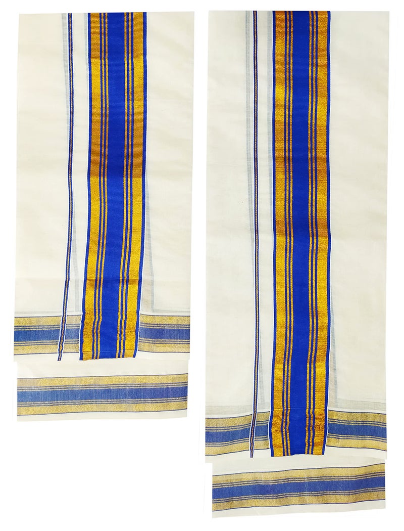 YETTALAN® Women's Kerala Traditional Cotton Set Mundu Cream Color with Fancy Border (BLUE) - Image 4