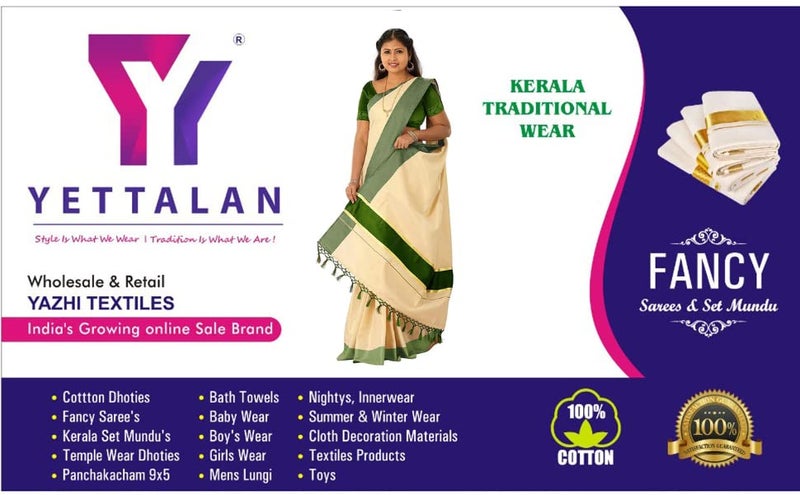 YETTALAN® Women's Kerala Traditional Cotton Set Mundu Cream Color with Fancy Border (BLUE) - Image 5