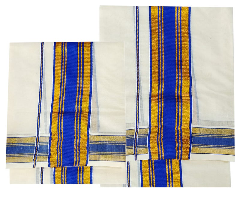 YETTALAN® Women's Kerala Traditional Cotton Set Mundu Cream Color with Fancy Border (BLUE) - Image 3