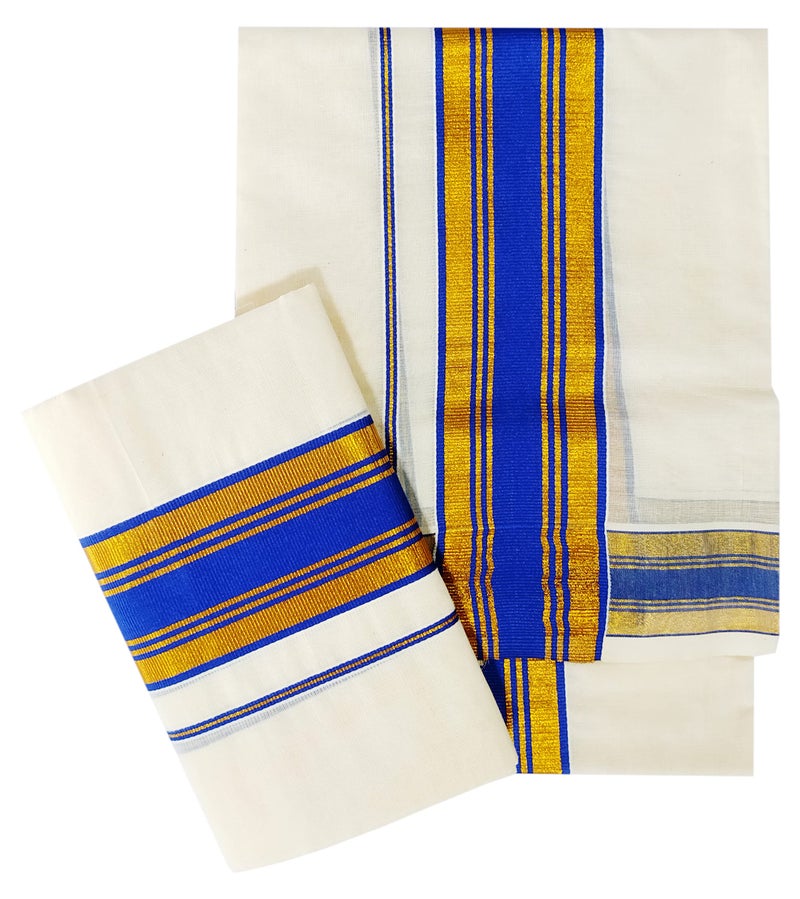 YETTALAN® Women's Kerala Traditional Cotton Set Mundu Cream Color with Fancy Border (BLUE) - Image 1