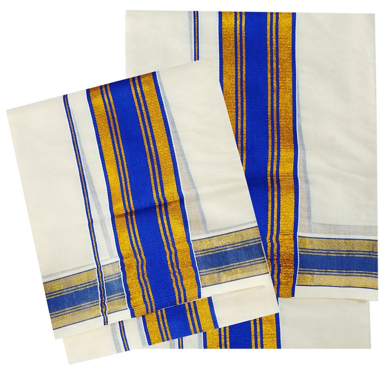 YETTALAN® Women's Kerala Traditional Cotton Set Mundu Cream Color with Fancy Border (BLUE) - Image 2