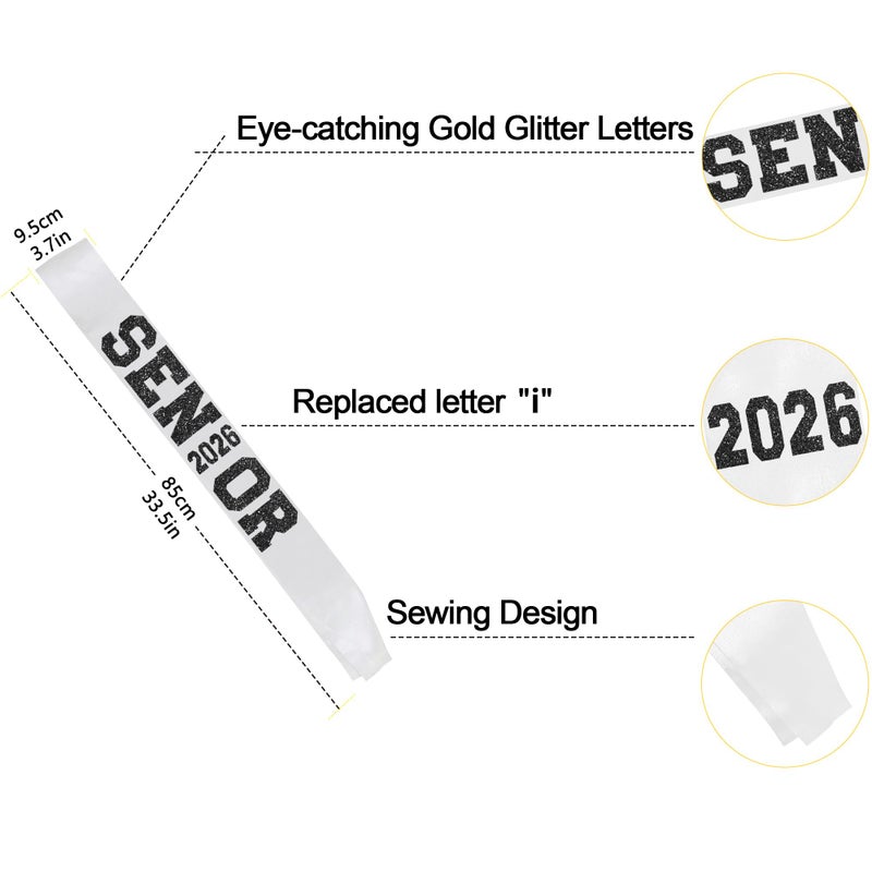 Partyprops 6Pcs White Senior 2026 Satin Sashes with Black Glitter Letters Senior 2026 Decorations - 2026 Graduation Celebrations Sashes - Senior Cheer Sash - Cheerleader Sash - Class Competition Sashes - Image 4