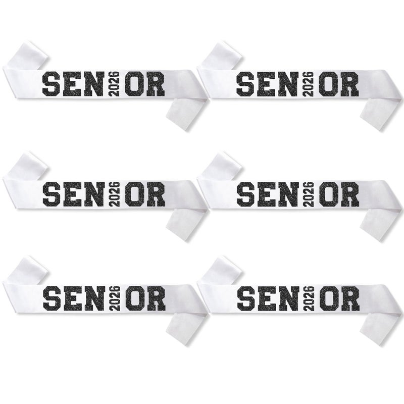 Partyprops 6Pcs White Senior 2026 Satin Sashes with Black Glitter Letters Senior 2026 Decorations - 2026 Graduation Celebrations Sashes - Senior Cheer Sash - Cheerleader Sash - Class Competition Sashes - Image 1