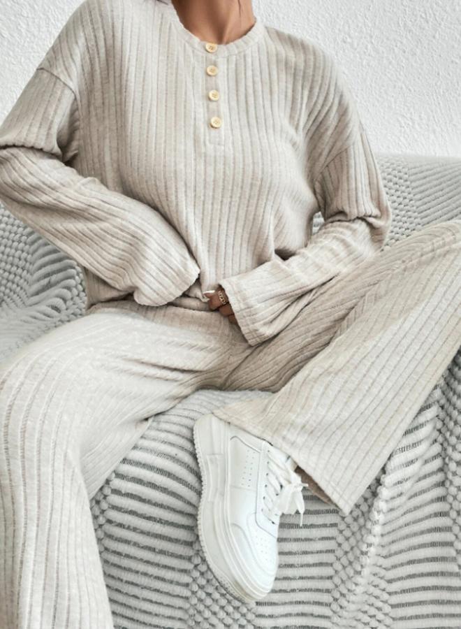 Take Two Beige Ribbed Knit Relaxed Fit T-Shirt and Pants Co-ords - Image 1