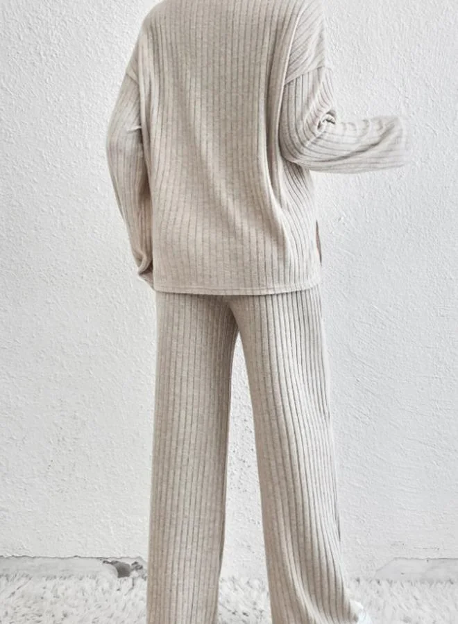 Take Two Take Two Beige Ribbed Knit Relaxed Fit T-Shirt and Pants Co-ords