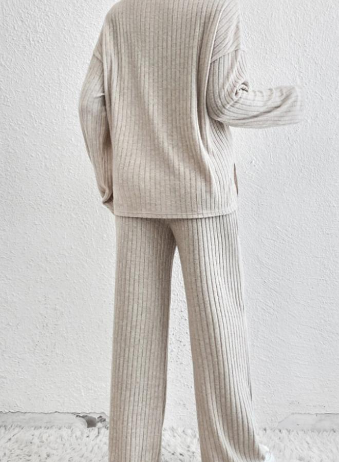 Take Two Beige Ribbed Knit Relaxed Fit T-Shirt and Pants Co-ords - Image 2