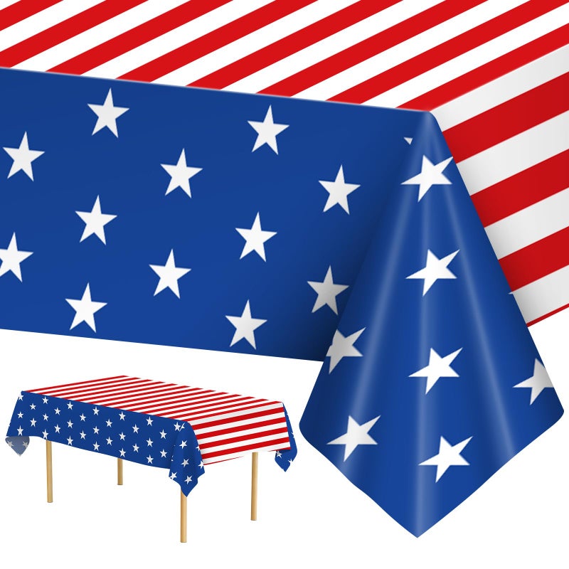 Litmitfu 2 Pack 4th of July Tablecloth Patriotic American Flag Table Cloth Plastic Disposable Rectangle USA Star Stripe Table Cover for Memorial day Fourth of July Independence Day Decorations 54 x 108 - Image 2