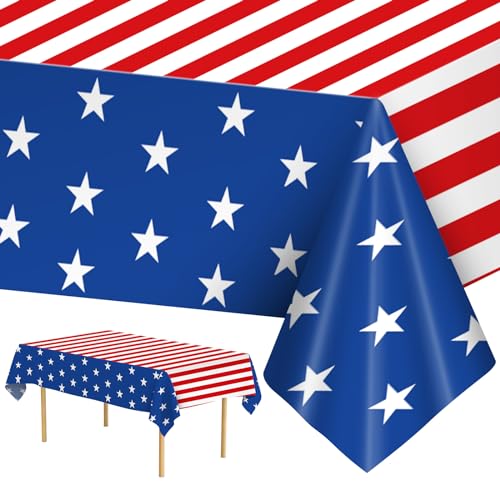 Litmitfu 2 Pack 4th of July Tablecloth Patriotic American Flag Table Cloth Plastic Disposable Rectangle USA Star Stripe Table Cover for Memorial day Fourth of July Independence Day Decorations 54 x 108 - Image 1