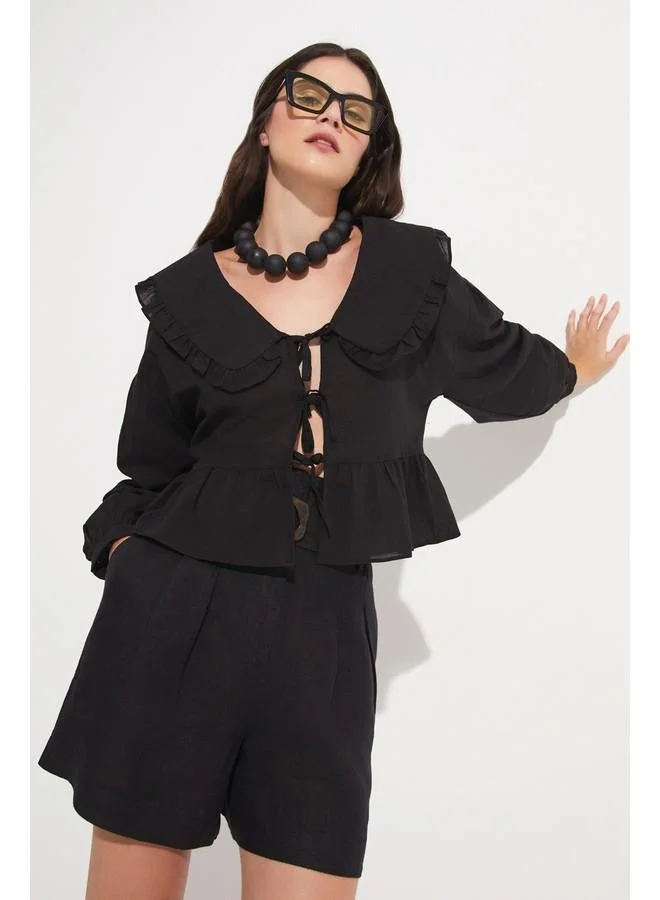 JUNE June Women Large Baby Neck Ruffle Cotton Blouse Black