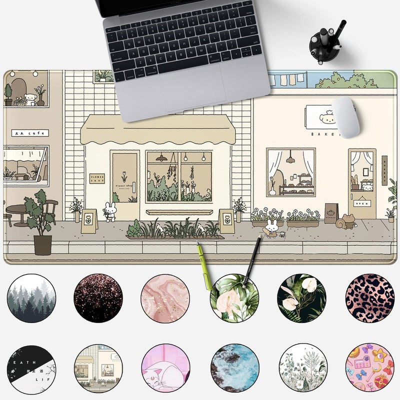 Mechanical Cattle Cute Desk Mat Kawaii Mousepad Bunny and Bear Cute Anime Japanese Street Pastel Beige Brown and Green Mouse Pad, Extra Large Deskmat Cut Laptop Pad - Image 2