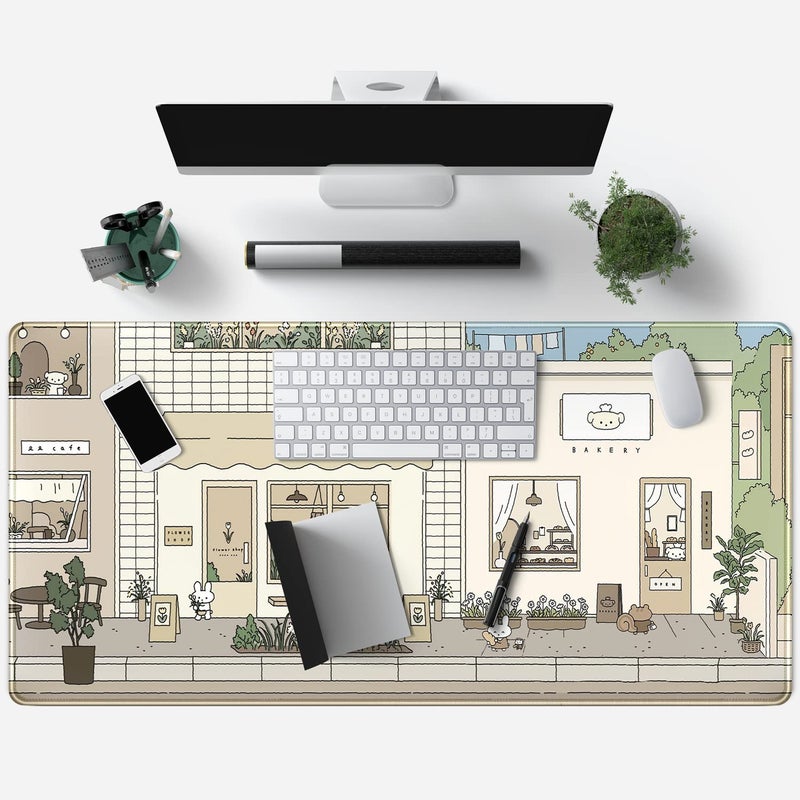 Mechanical Cattle Cute Desk Mat Kawaii Mousepad Bunny and Bear Cute Anime Japanese Street Pastel Beige Brown and Green Mouse Pad, Extra Large Deskmat Cut Laptop Pad - Image 4